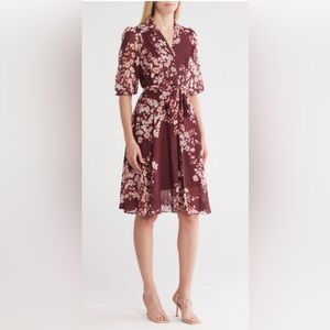 Nanette Lepore Red and Pink Midi Dress with Puff Sleeves and V-Neck